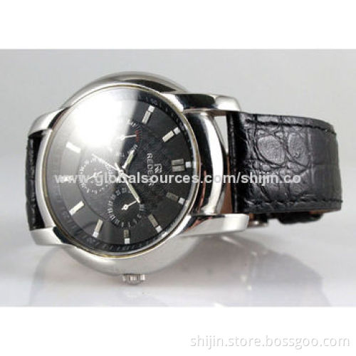 Three-eye Stainless Steel Business Watch with Genuine Leather Band, Chronograph